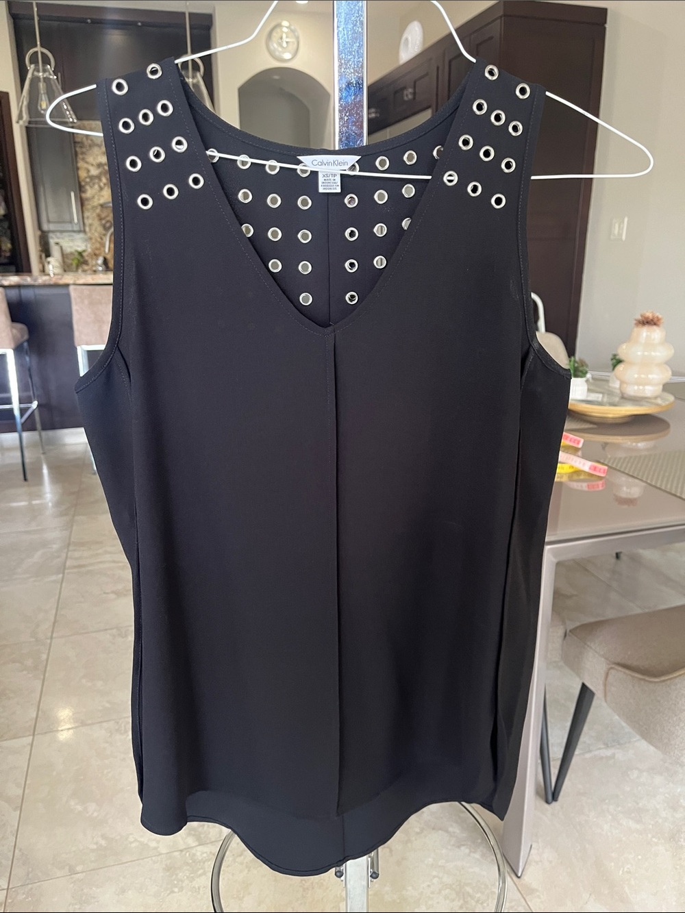 Calvin Klein Black V-Neck Sleeveless Top with Silver Eyelet Trim